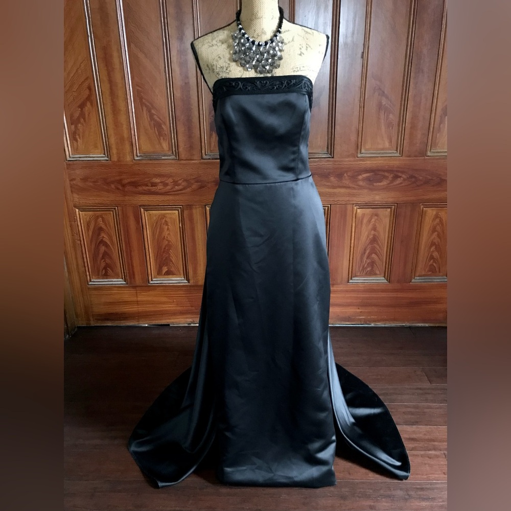 Vintage Gothic Victorian-inspired Black Satin Dress New Years Prom Gown w Train